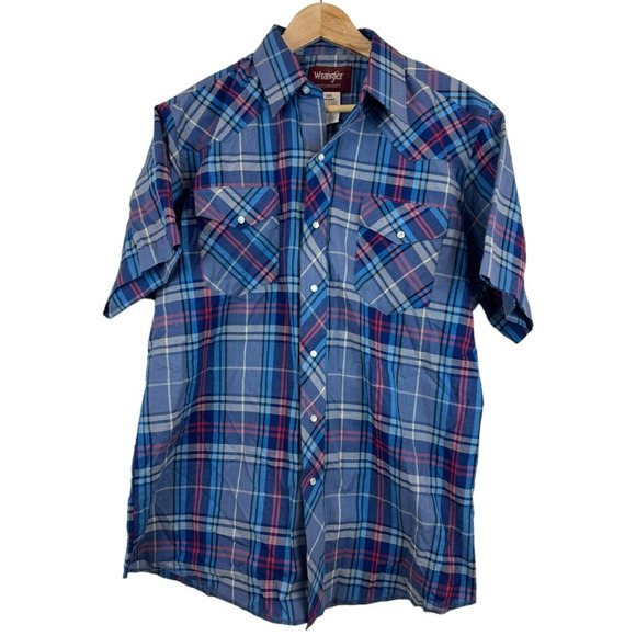 Wrangler Western Shirt Men's‎ Size L Pearl Snap S/S Blue Plaid Country Fit - Picture 1 of 4